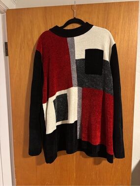 Alfred Dunner Red, Black & Cream Colorblock Crewneck Sweater